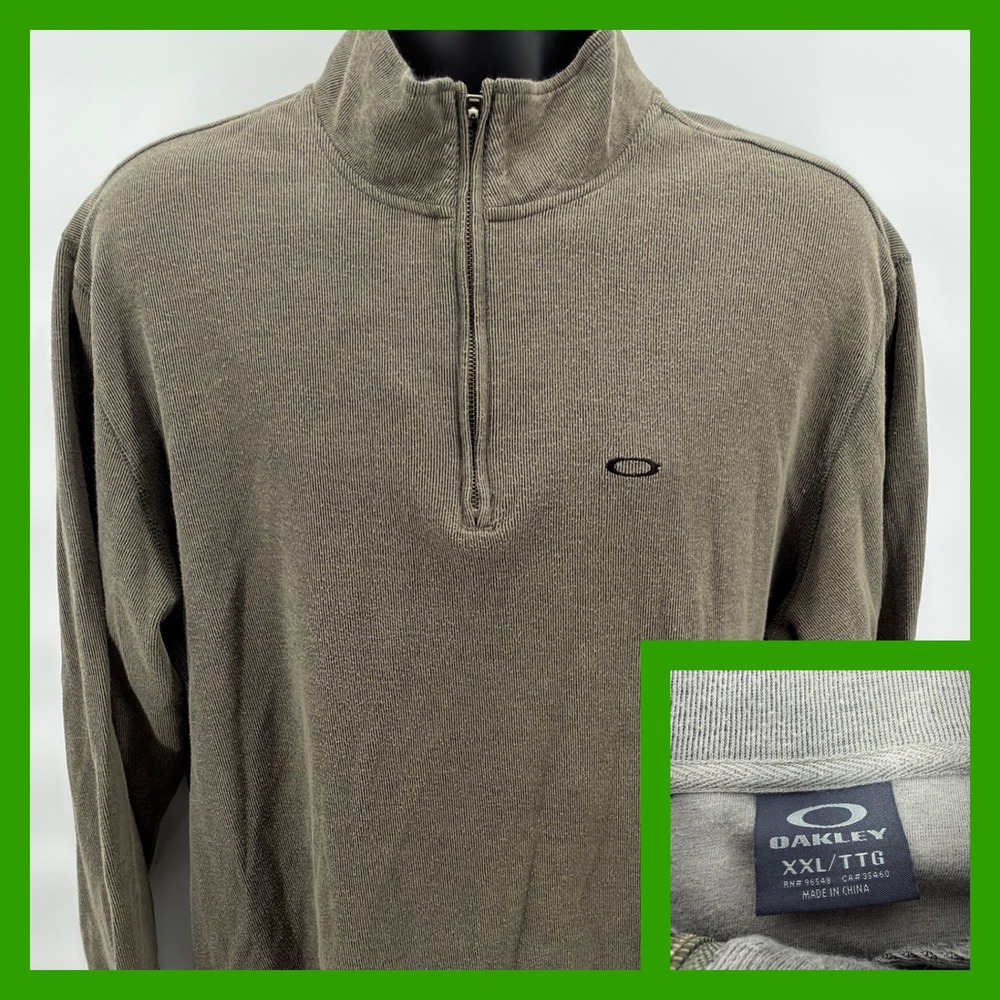 Oakley Quarter Zip Pullover Sweater‎ XXL Men Olive Green Ribbed Textured Knit